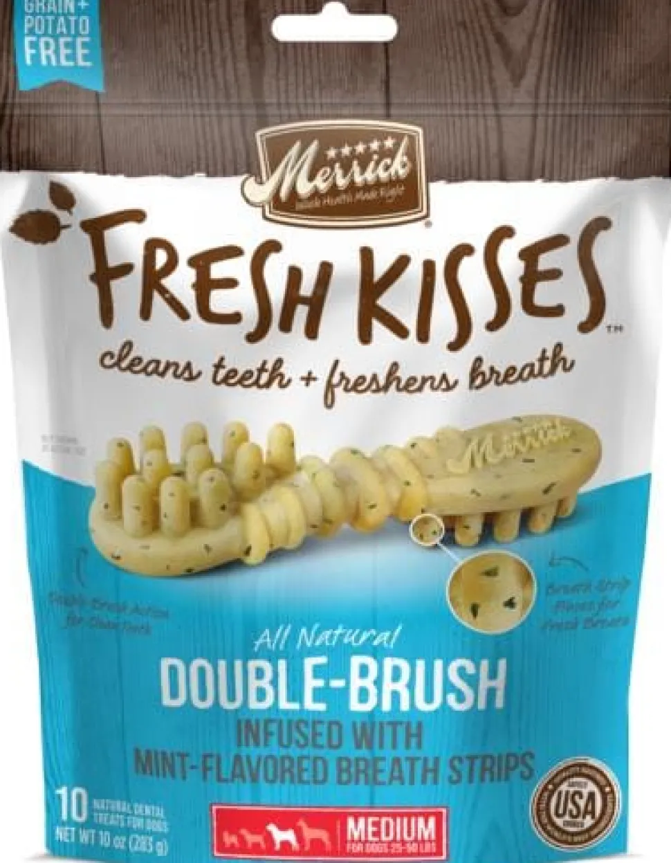 Merrick Fresh Kisses Mint Breath Strips Medium Brush Dog Dental Chews - 10 Count