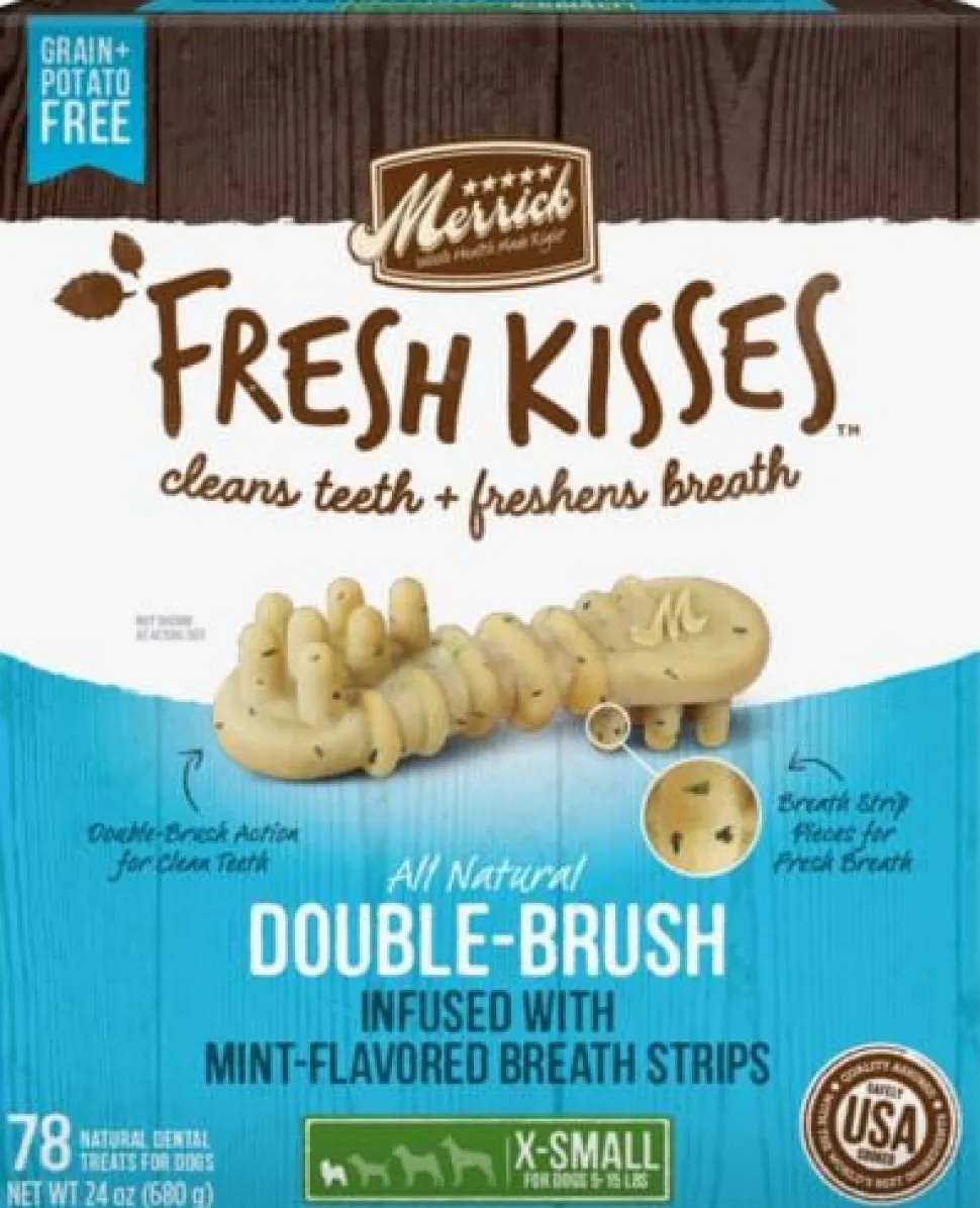 Merrick Fresh Kisses Mint Breath Strips Extra Small Brush Dog Dental Chews - Value Box 78 Count - 24 Oz