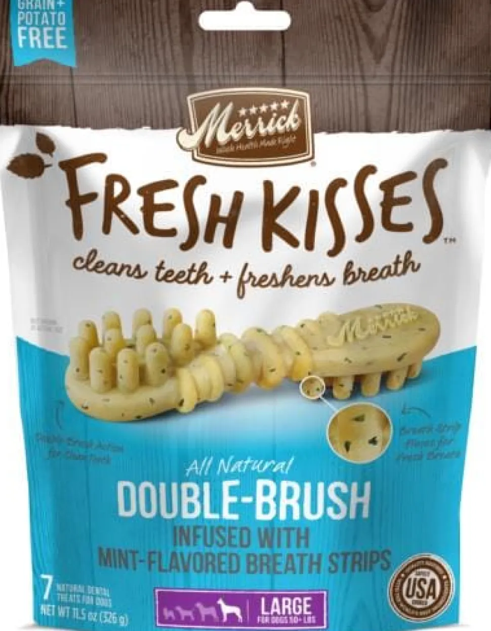 Merrick Fresh Kisses Mint Breath Strips Large Brush Dog Dental Chews - 7 Count - 11.5 Oz