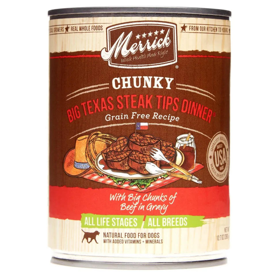 Merrick Grain-Free Chunky Big Texas Steak Tip Dinner Canned Wet Dog Food- 12.7 oz Cans - Case of 12