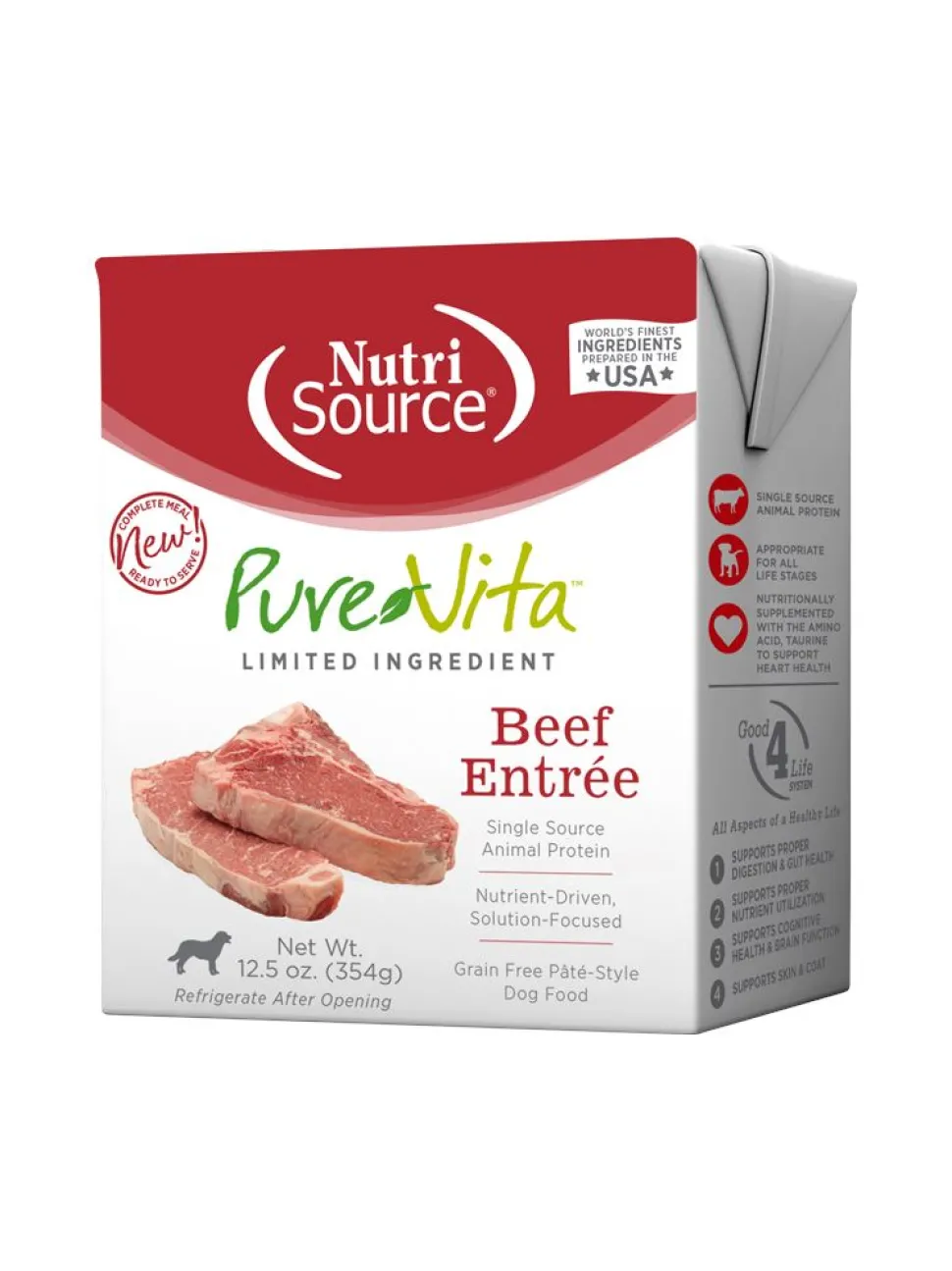 Nutrisource Pure Vita Grain-Free Beef Entrée Tetra Packs Wet Dog Food - 12.5 oz - Case of 12