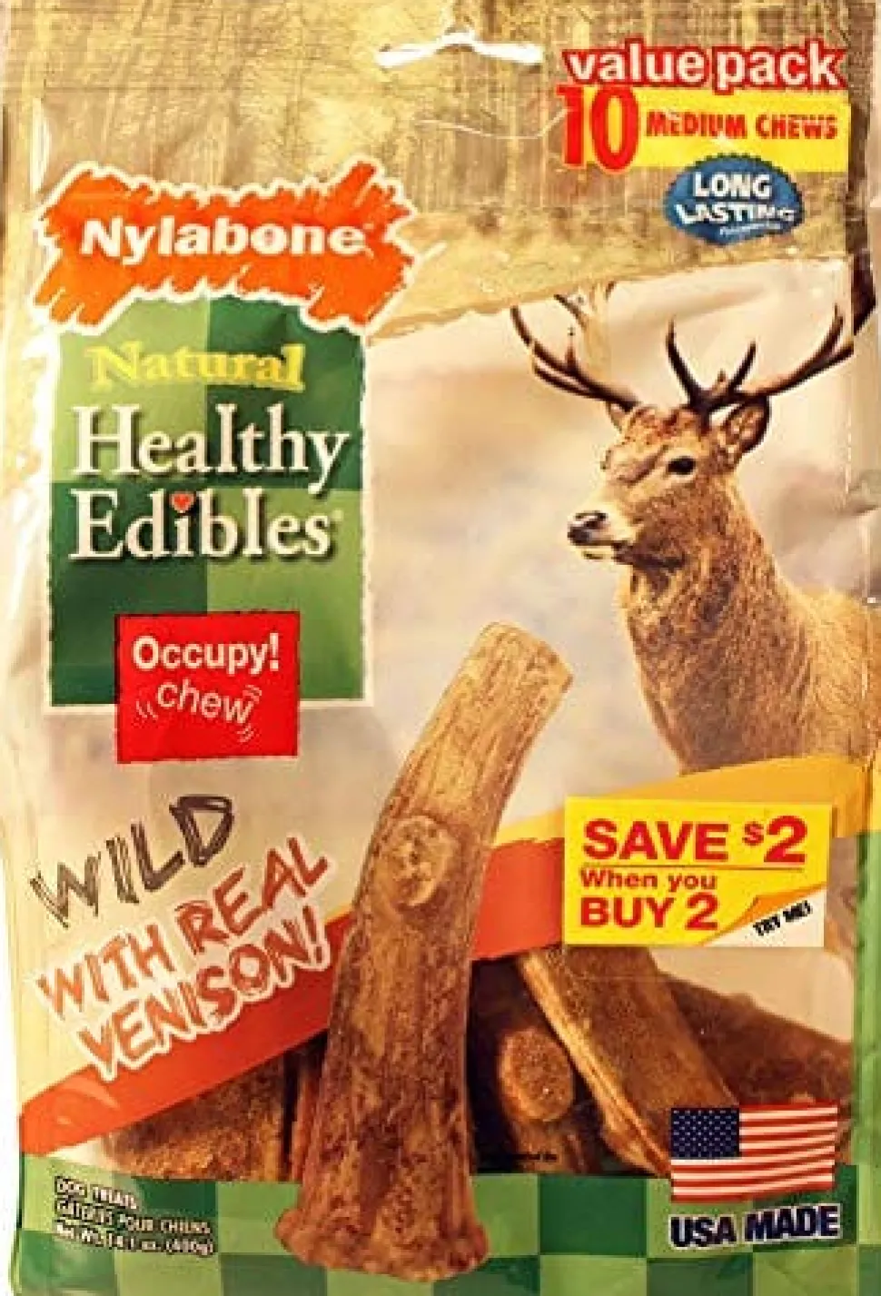 Nylabone Healthy Edibles Wild Natural Antler Dog Biscuits Treats - Venison - Wolf - 10 Pack