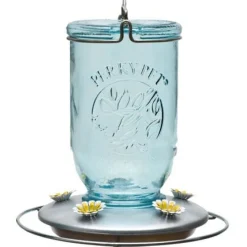 Perky-Pet Mason Jar Glass Hummingbird Feeder - Blue - 32 Oz Cap