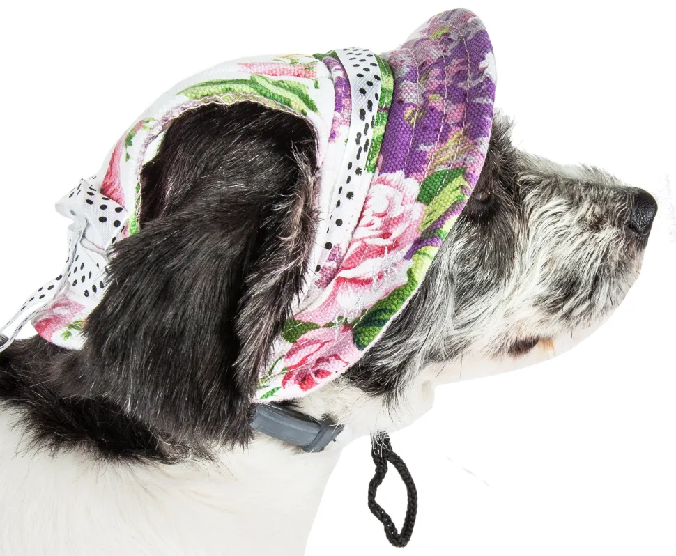 Pet Life ® 'Botanic Bark' Floral UV Protectant Adjustable Fashion Canopy Brimmed Dog Hat Cap