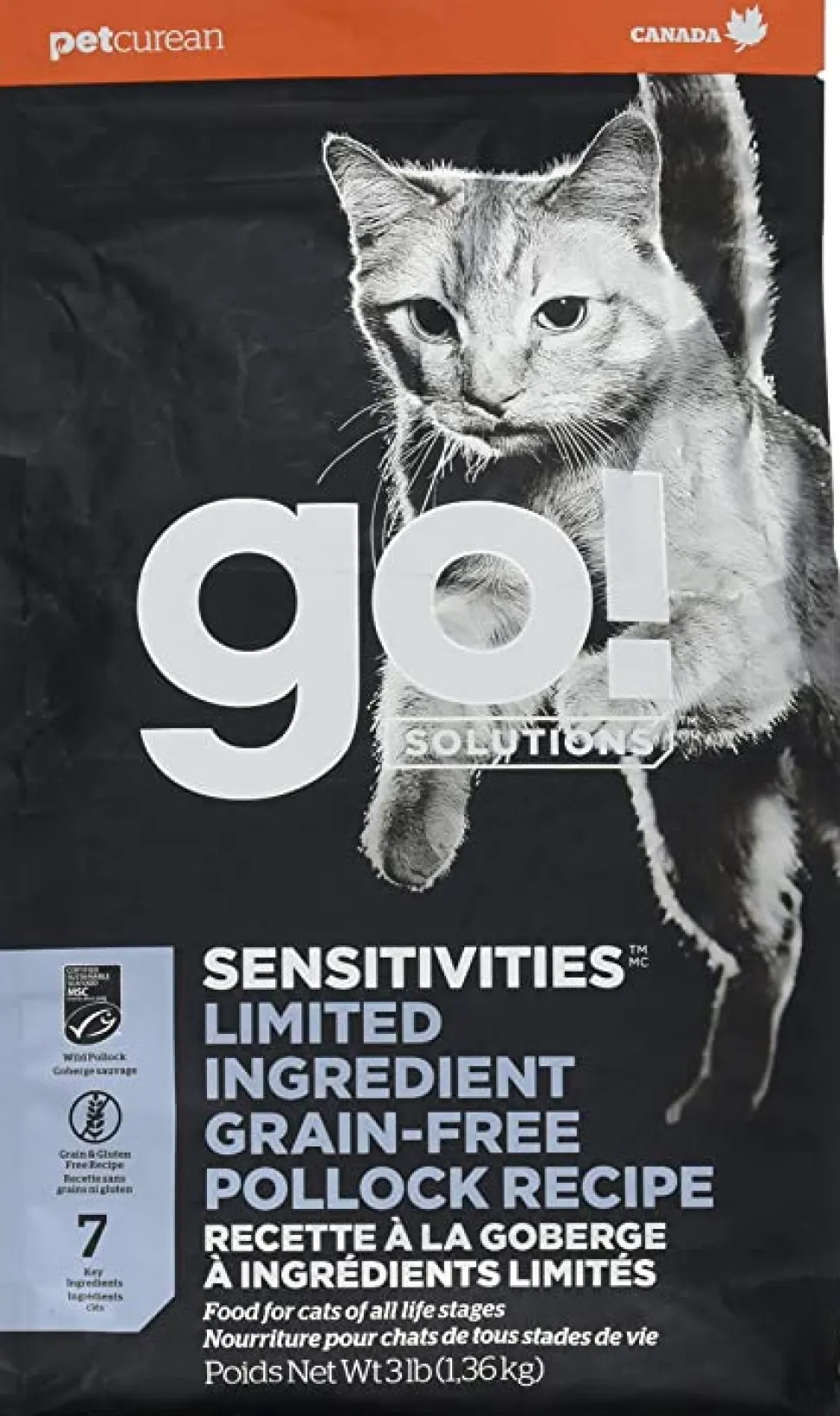 Petcurean GO! Sensitivities LID Grain-Free Pollock Recipe Dry Cat Food - 3 lb Bag