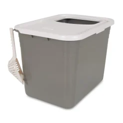 Petmate Top Entry Cat Litter Box Brushed Nickel Base, Pearl White Lid - One Size