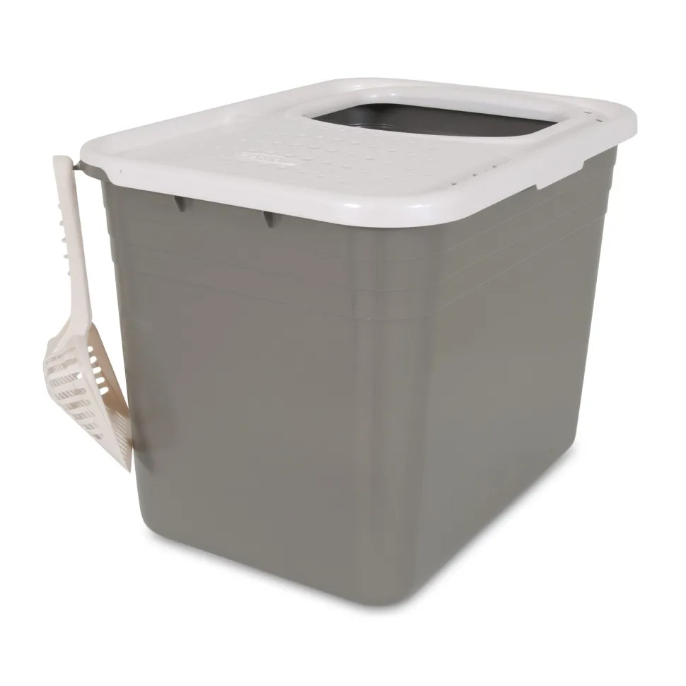 Petmate Top Entry Cat Litter Box Brushed Nickel Base, Pearl White Lid - One Size