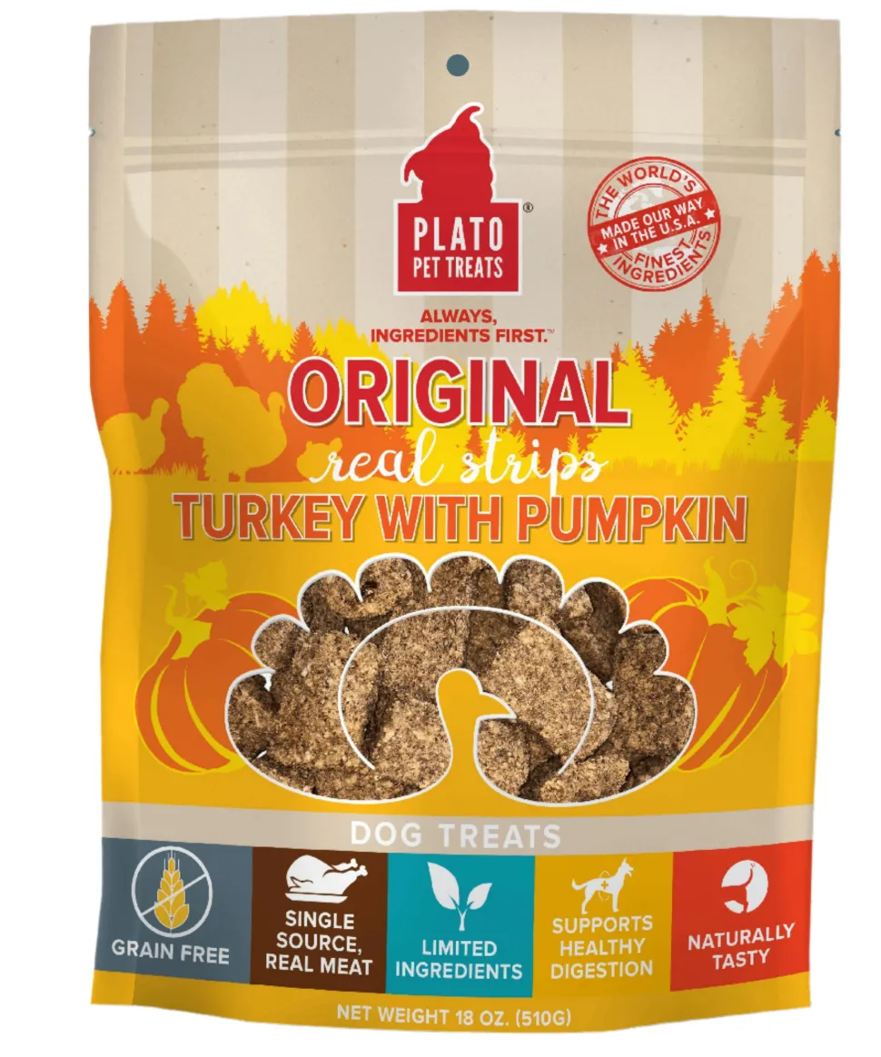 Plato Pet Treats Grain-Free Original Real Strips Turkey & Pumpkin Soft and Chewy Dog Treats - 18 oz Bag