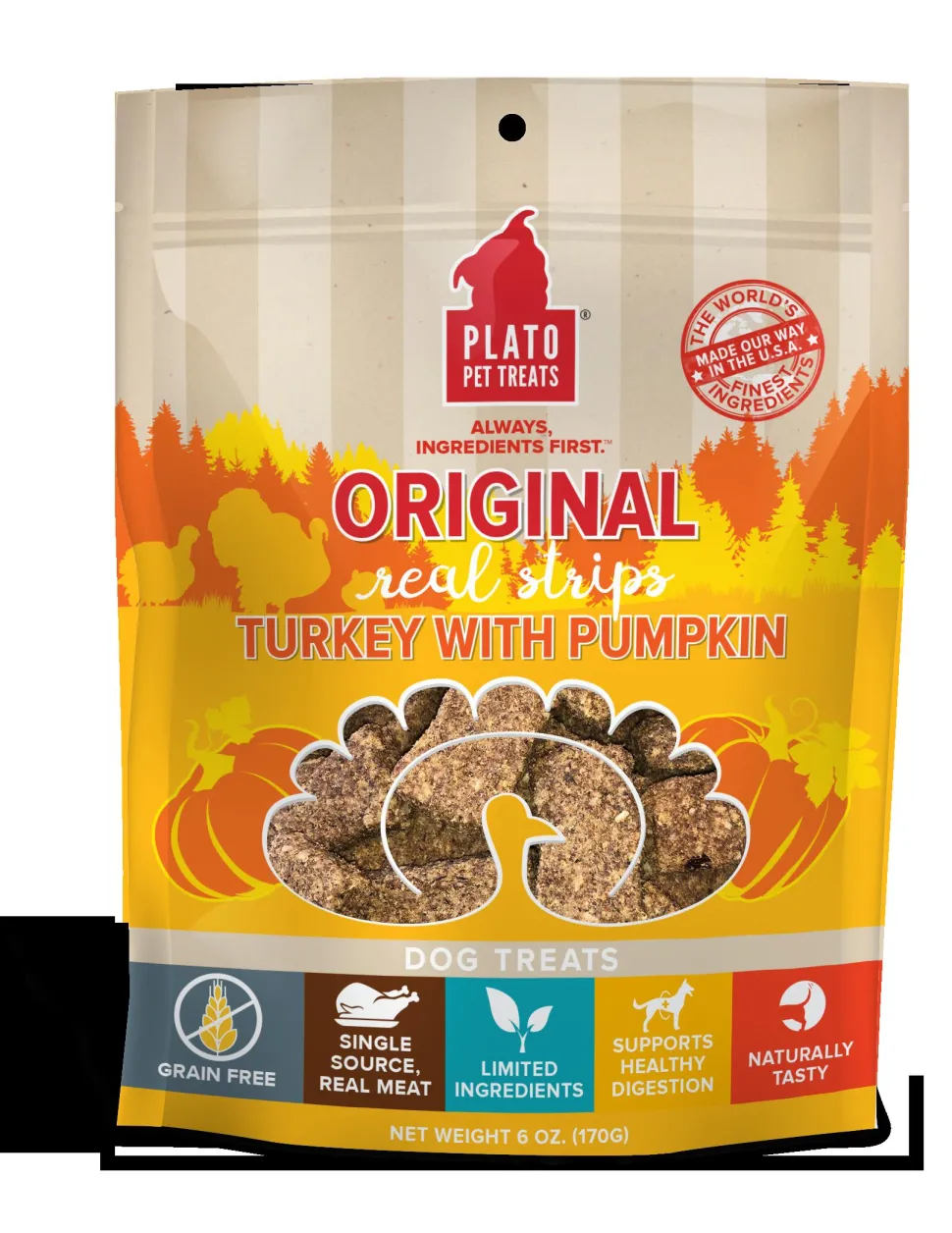 Plato Pet Treats Grain-Free Original Real Strips Turkey & Pumpkin Soft and Chewy Dog Treats - 6 oz Bag