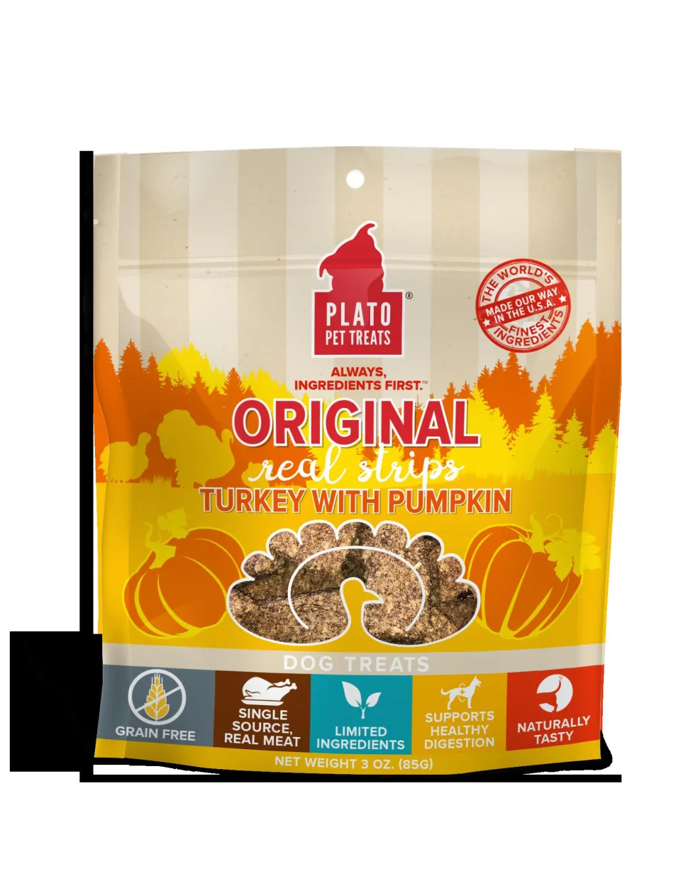Plato Pet Treats Grain-Free Original Real Strips Turkey & Pumpkin Soft and Chewy Dog Treats - 3 oz Bag