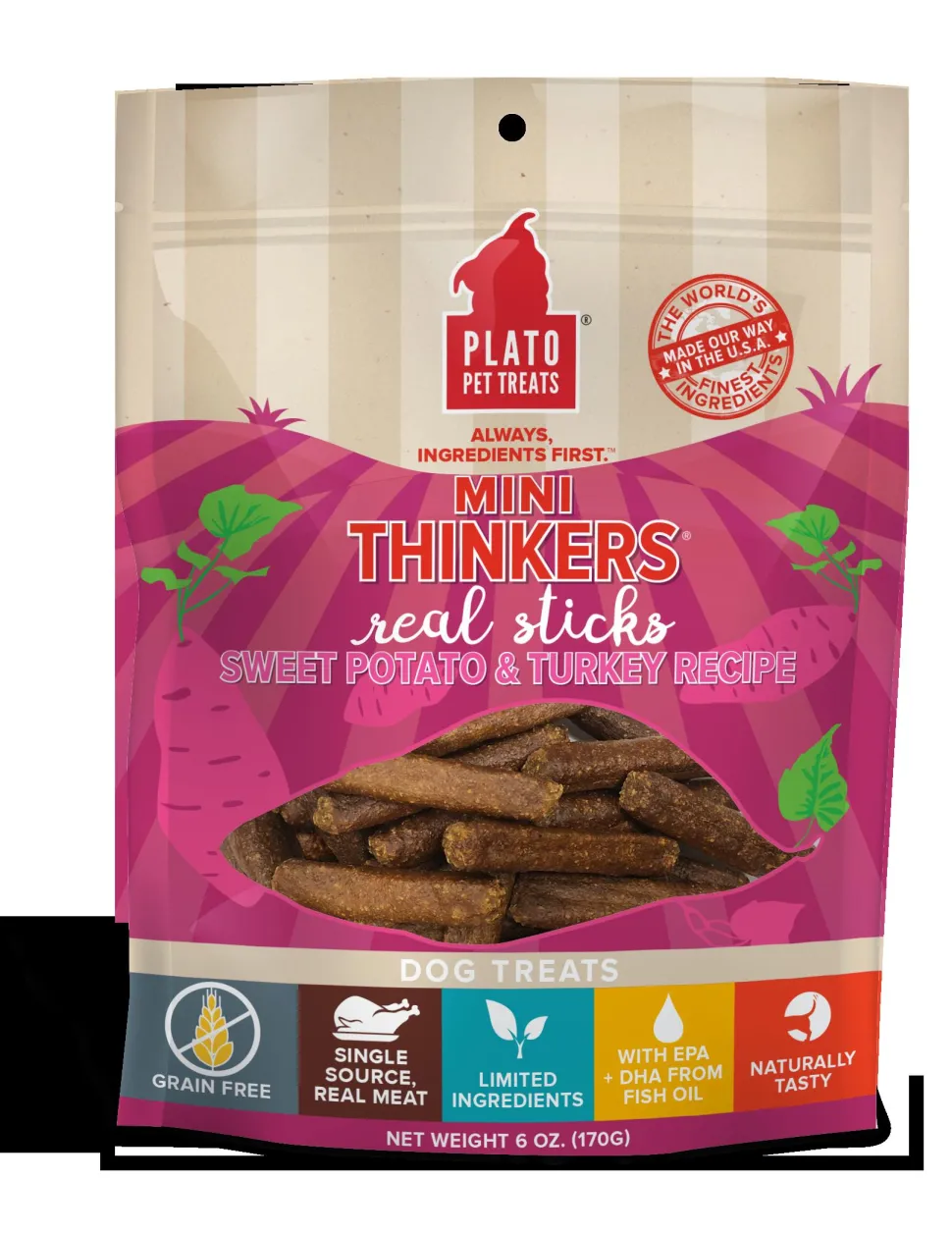 Plato Pet Treats Mini Thinkers Sweet Potato & Turkey Natural Dog Chews - 6 oz Bag