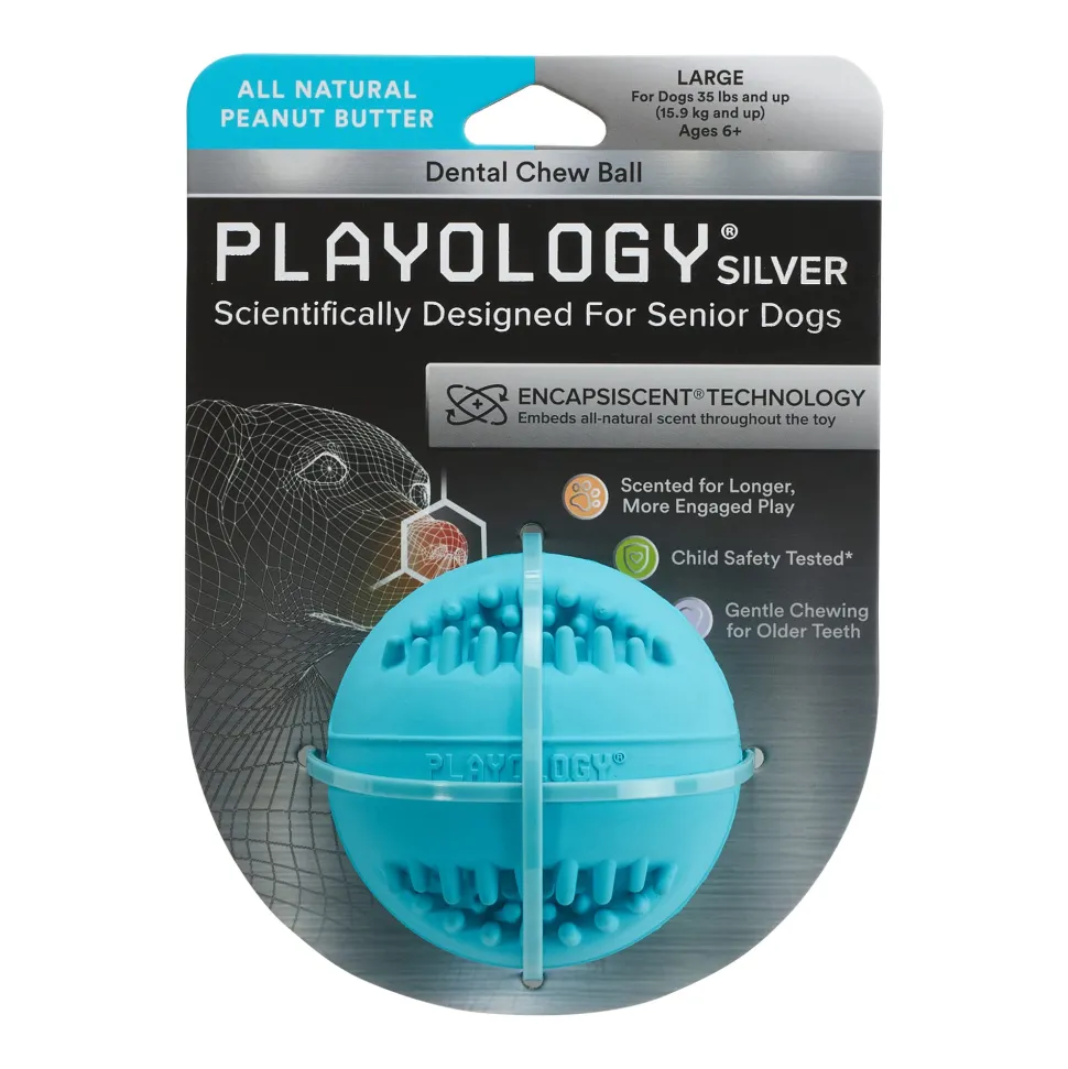 Playology Peanut Butter Scented Dental Chew Ball Rubber Dog Toy with Encapsiscent Technology - Large