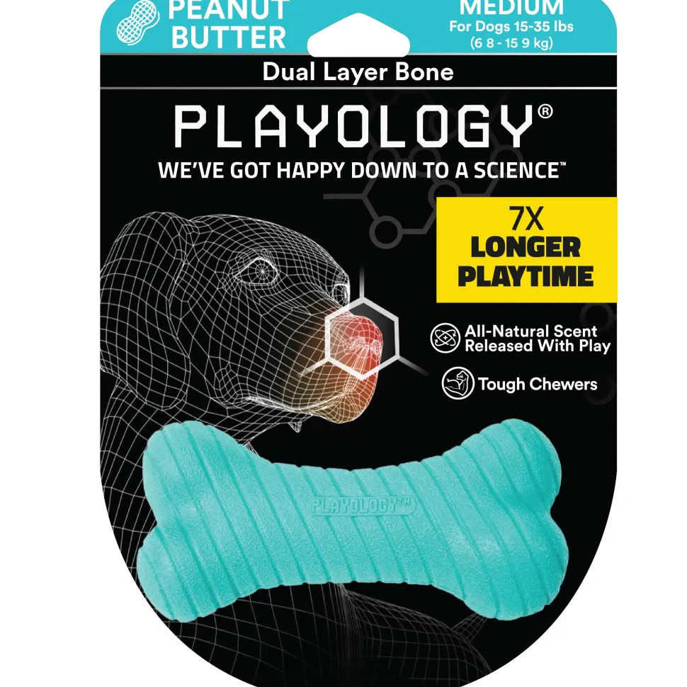 Playology Peanut Butter Scented Dual Layered Bone Rubber Dog Toy with Encapsiscent Technology - Large