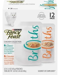 Purina Fancy Feast Broths Classic and Creamy Chicken with Veggies Wet Cat Food or Topper Pouch - Variety Pack - 1.4 Oz - Case of 12 - 3 Pack