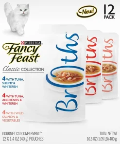 Purina Fancy Feast Broths Classic Seafood Tuna Salmon and Shrimp Wet Cat Food or Topper - Variety Pack - 1.4 Oz - Case of 12 - 3 Pack