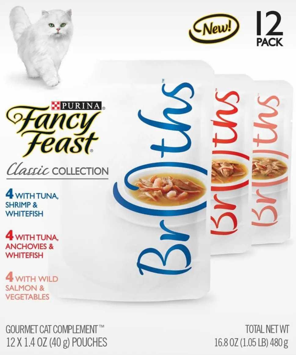 Purina Fancy Feast Broths Classic Seafood Tuna Salmon and Shrimp Wet Cat Food or Topper - Variety Pack - 1.4 Oz - Case of 12 - 3 Pack