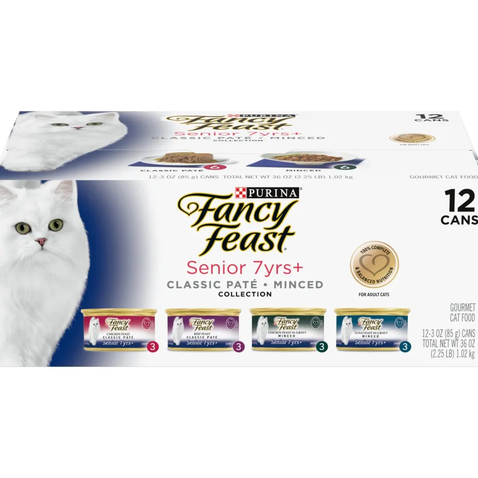 Purina Fancy Feast Chicken and Beef Pate and Minced in Gravy Senior Canned Cat Food - Variety Pack - 3 Oz - Case of 12 - 2 Pack