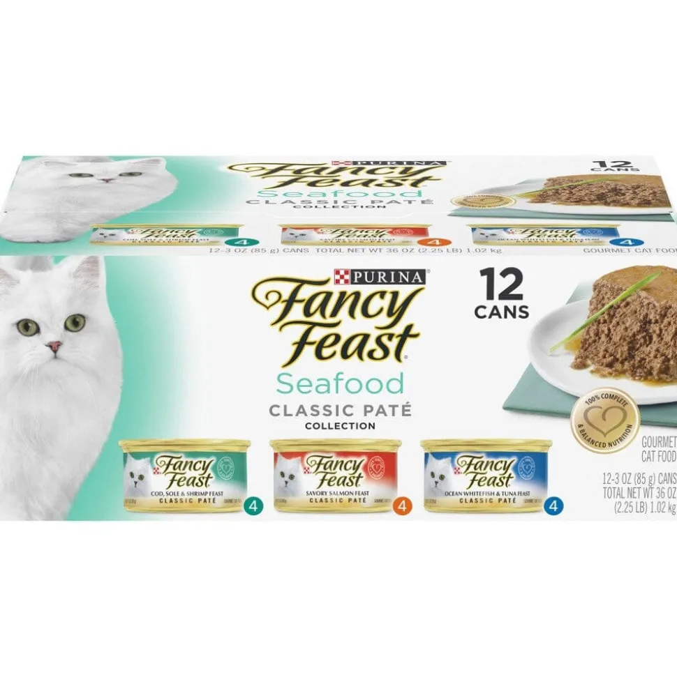 Purina Fancy Feast Classic Seafood Tuna Salmon Whitefish and Cod Canned Cat Food - Variety Pack - 3 Oz - Case of 12 - 2 Pack