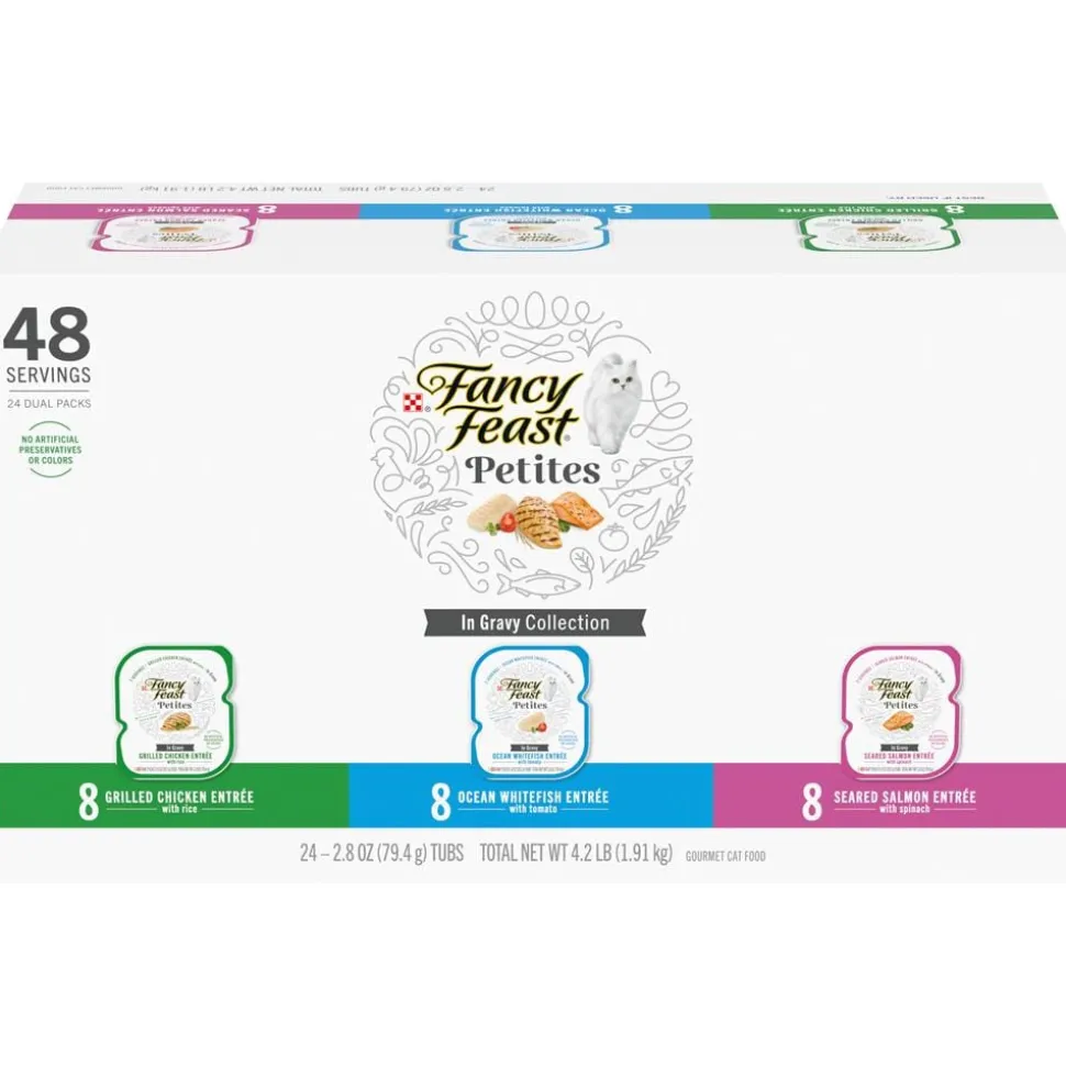 Purina Fancy Feast Petites Grilled Chicken Whitefish and Salmon Entrée in Gravy Wet Cat Food Trays - Variety Pack - 2.8 Oz - 24 Count