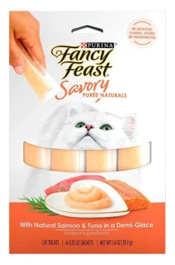 Purina Fancy Feast Savory Puree Naturals Salmon and Tuna Squeezable Tubes Cat Treats - 1.4 Oz - Case of 30