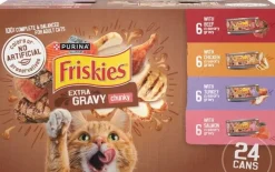 Purina Friskies Extra Gravy Chicken Turkey Salmon and Beef Chunky Canned Cat Food - Variety Pack - 5.5 Oz - 24 Count