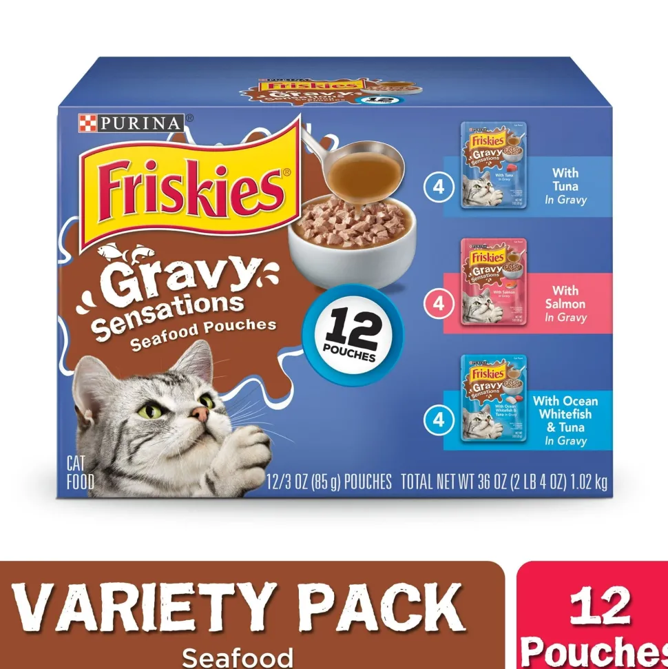 Purina Friskies Gravy Sensations Tuna Salmon and Whitefish Wet Cat Food Pouch - Variety Pack - 3 Oz - Case of 12 - 2 Pack