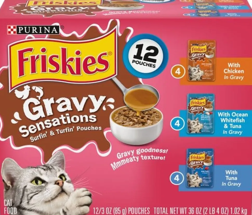 Purina Friskies Gravy Sensations Chicken Whitefish and Tuna Wet Cat Food Pouch - Variety Pack - 3 Oz - Case of 12 - 2 Pack