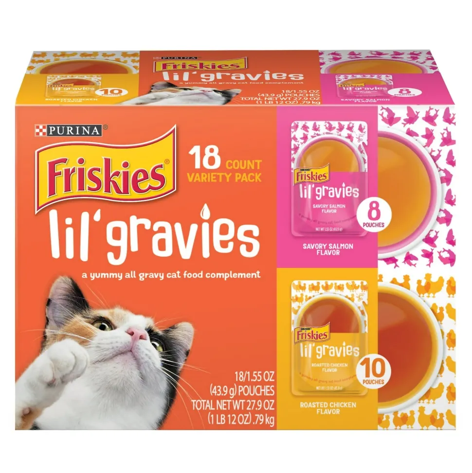 Purina Friskies Lil' Gravies Roasted Chicken and Wet Cat Food Topper Pouch - Variety Pack - 1.55 Oz - Case of 18 - 2 Pack