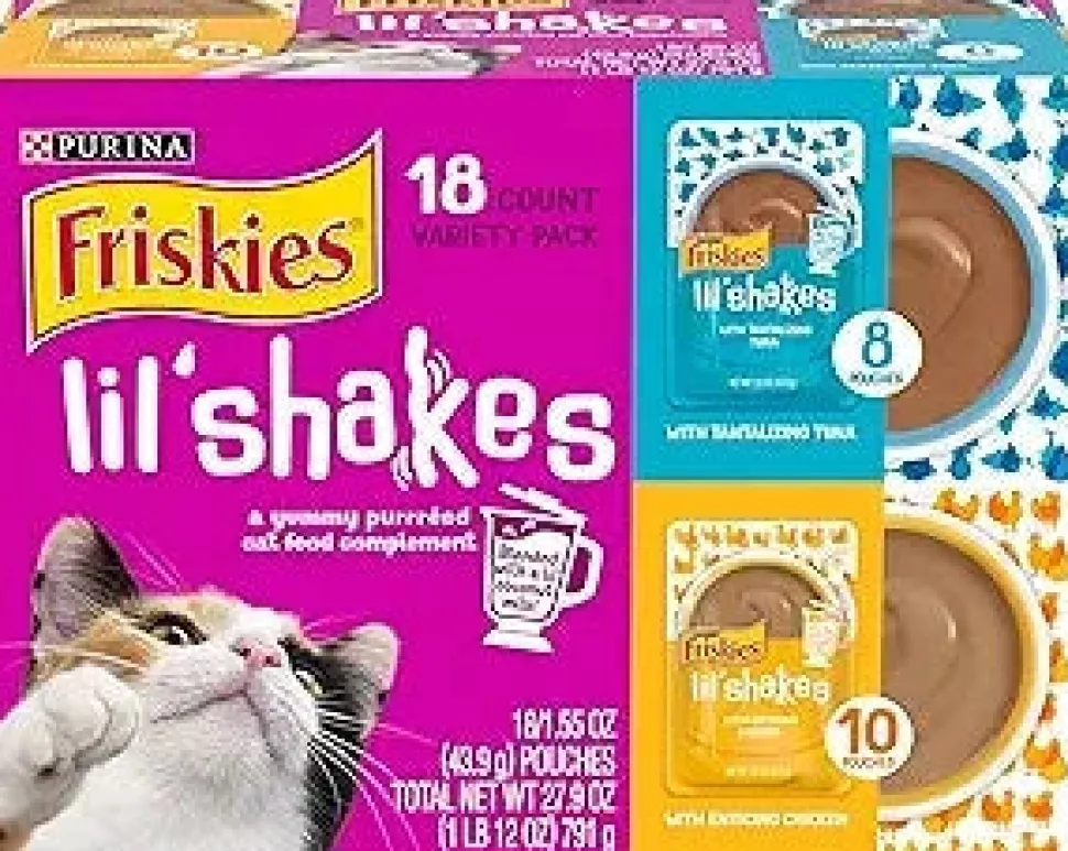 Purina Friskies Lil' Shakes Chicken Salmon Turkey and Tuna with Coconut Milk Puree Wet Cat Food or Topper Pouch - Variety Pack - 1.55 Oz - Case of 16 - 2 Pack