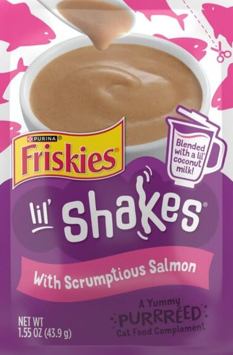 Purina Friskies Lil' Shakes Salmon Puree with Coconut Milk Wet Cat Food or Topper Pouch- 1.55 Oz - Case of 16