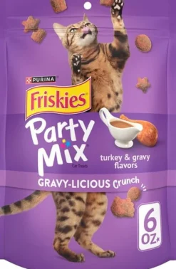 Purina Friskies Party Mix Gravy-licious Crunch Turkey and Gravy Crunchy Cat Treats - 6 Oz - Case of 6