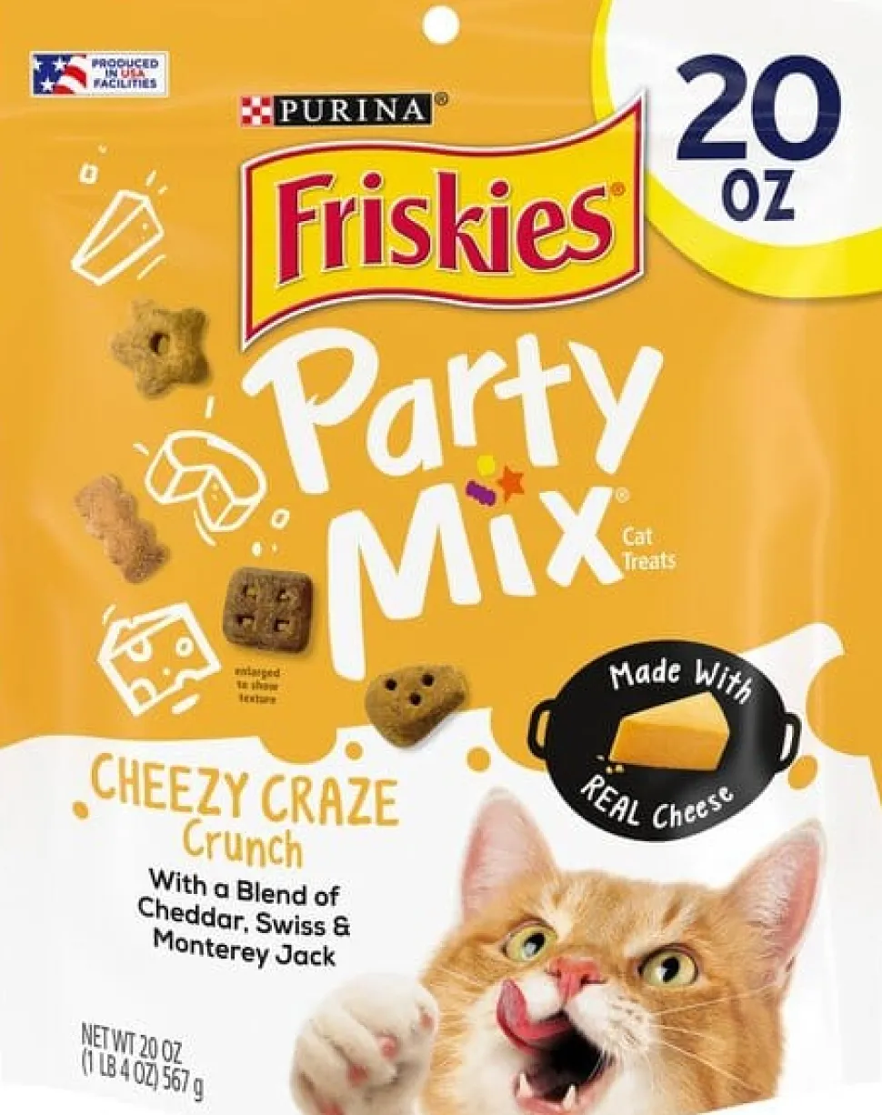 Purina Friskies Party Mix Cheesey Craze Chedder Swiss and Monterey Jack Crunchy Cat Treats - 20 Ounce - Case of 3