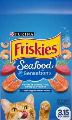Purina Friskies Seafood Sensations Salmon Tuna Shrimp and Seaweed Adult Dry Cat Food - 3.15 Lbs - Case of 4