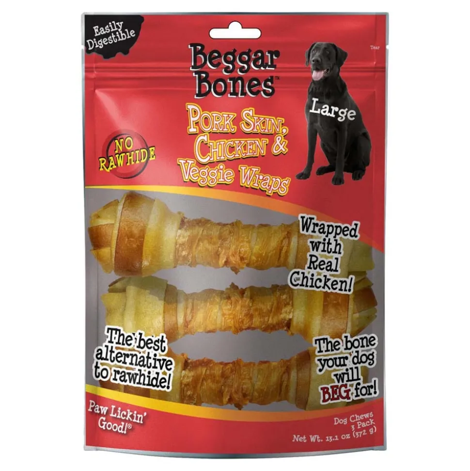 Savory Prime Beggar Bones Pork Skin, Chicken & Veggie Wraps Dog Treats - Large - 3 Pack