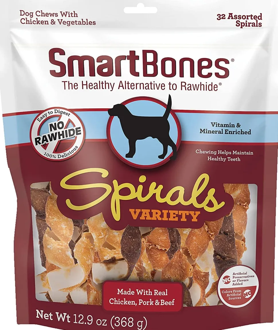 Smartbones Spirals Variety Pack Dog Dental and Hard Chews - Chicken Pork and Beef - 32 Count
