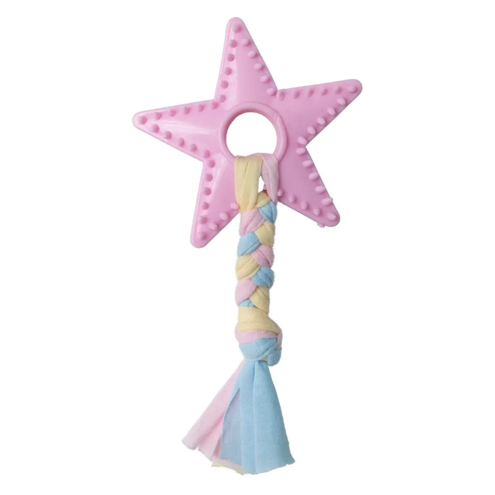 Snugarooz Lil Star Dental Textured Rubber Chew and Rope Puppy Dog Toy - Pink - 7" Inches