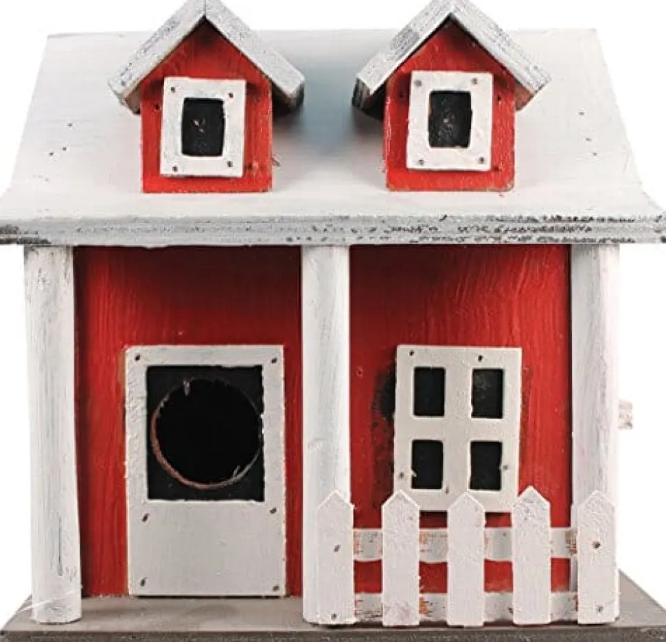 Songbird Essentials Picket Fence Cottage Bird House - Red/White - 8 X 6.5 X 8 In