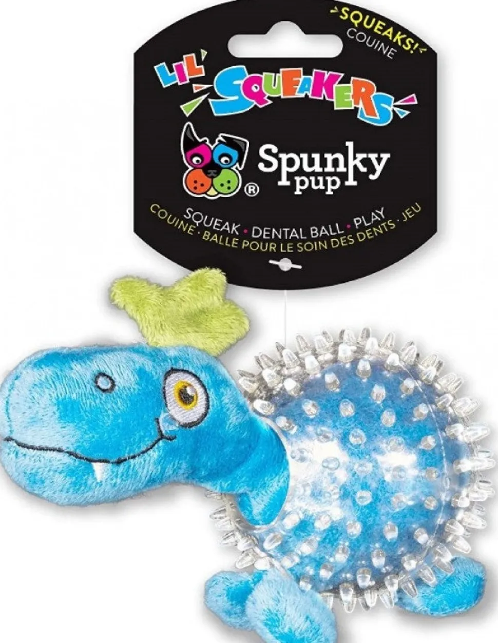Spunky Pup Lil' Squeakers Dinosaur in Clear Spikey Ball Squeak and Plush Dog Toy