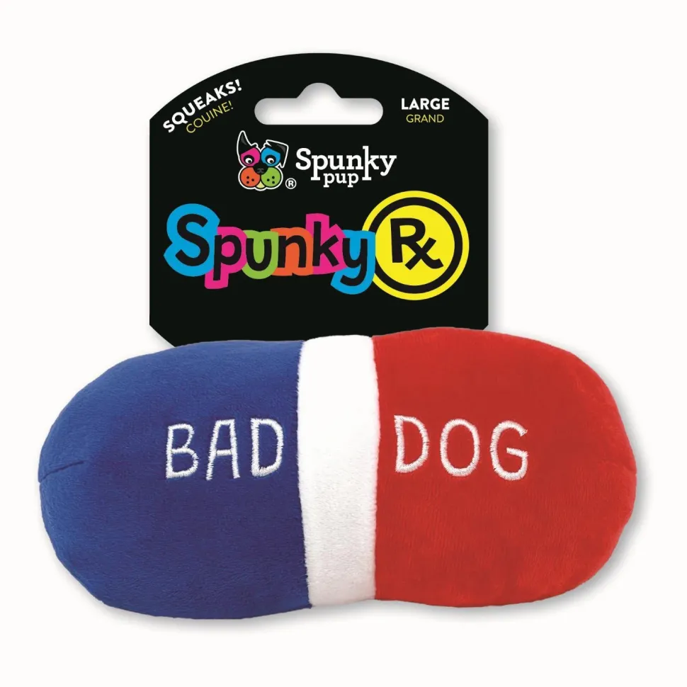 Spunky Pup RX Bad Dog Pill Squeak and Plush Dog Toy - Small