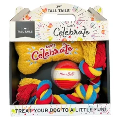 Tall Tails Lets Celebrate Box 3-Piece Ball Rope and Bone Dog Toy Gift Set