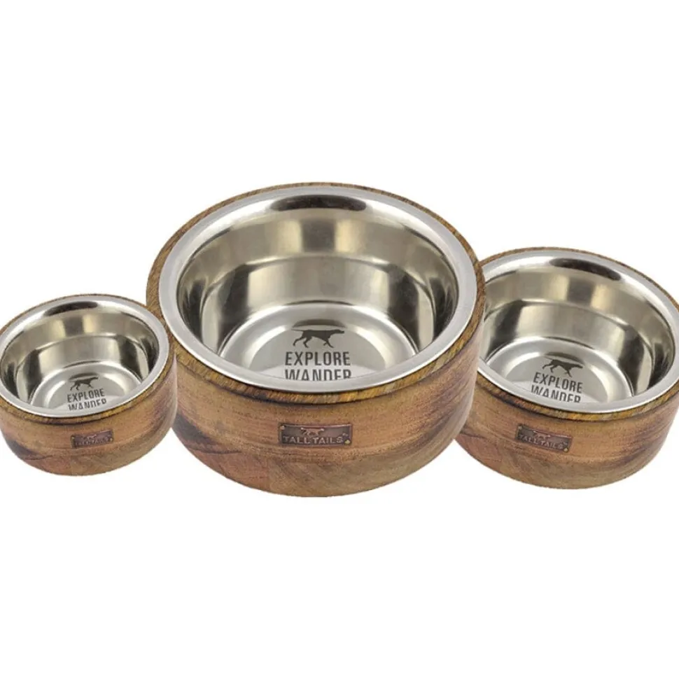 Tall Tails Stainless Steel and Rustic Wood Cat and Dog Bowl