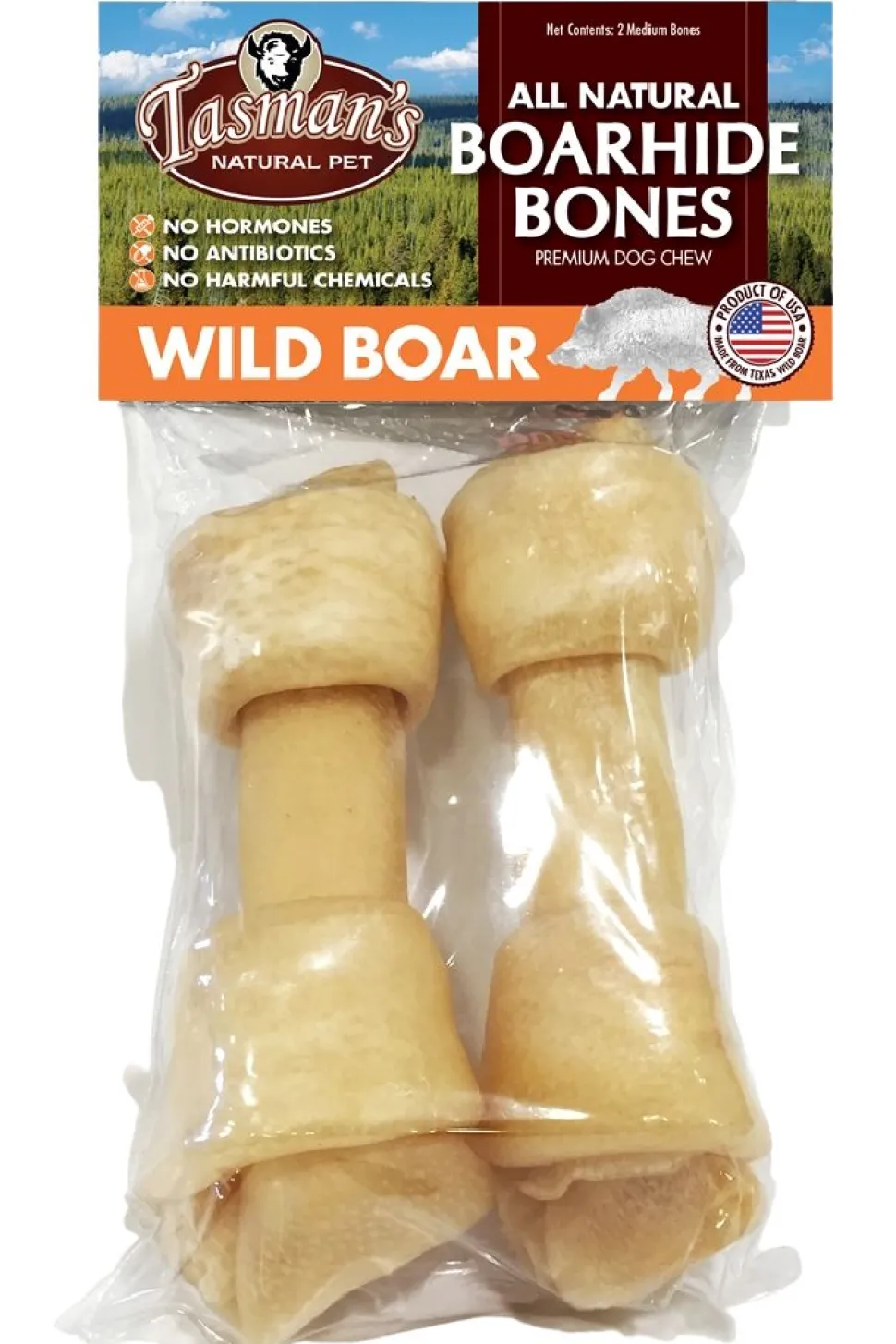 Tasman's Natural Pet Rawhide 6" - 7" Wild Boar Medium Bones Dog Natural Chews - 2 - Pack