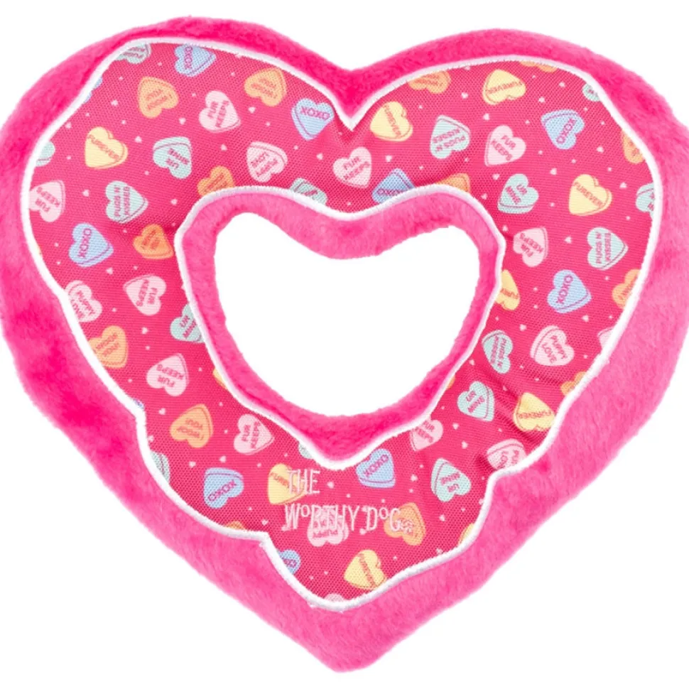 The Worthy Dog Puppy Love Heart Shaped and Pattened Squeak Nylon and Plush Dog Toy