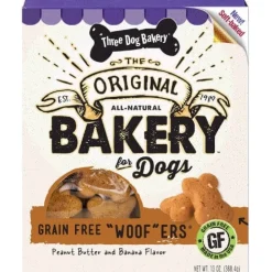 Three Dog Bakery Woofers Grain-Free Soft Baked Cookies Dog Biscuits Treats - Peanut Butter/B - 13 Oz - 6 Pack