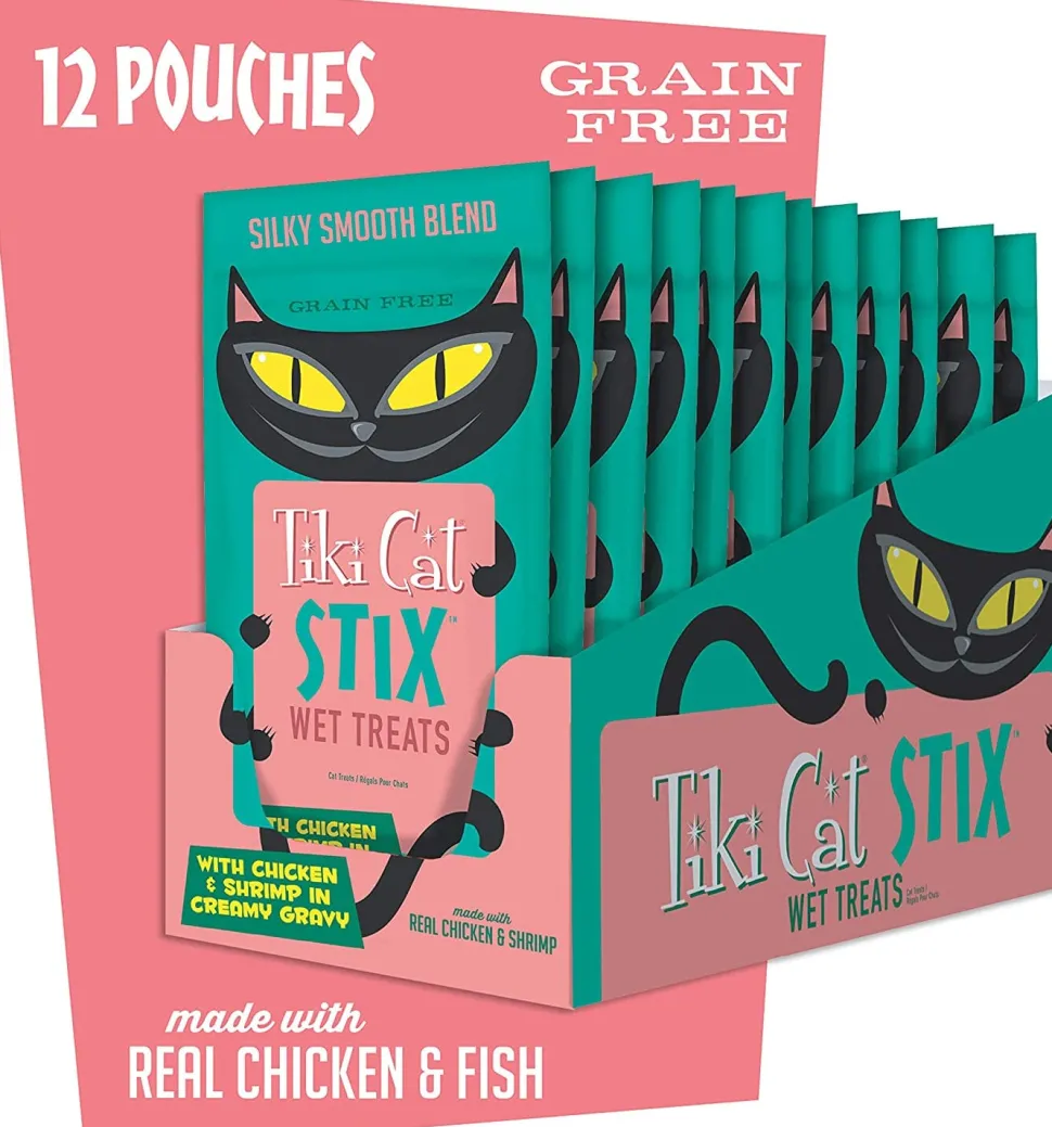Tiki Cat Chicken & Shrimp Mousse STIX™ Cat Treats - (6 Tubes per Bag) - 3 Oz Bags - Pack of 12