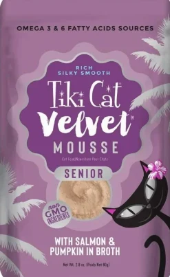 Tiki Cat Velvet Mousse Senior Salmon Cat Food in Pouches - 2.8 oz Pouches - Case of 12