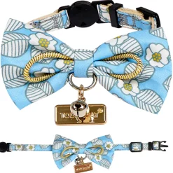 Touchcat ® Floral Patterned Designer Cat Collar with Bow - Blue - Large