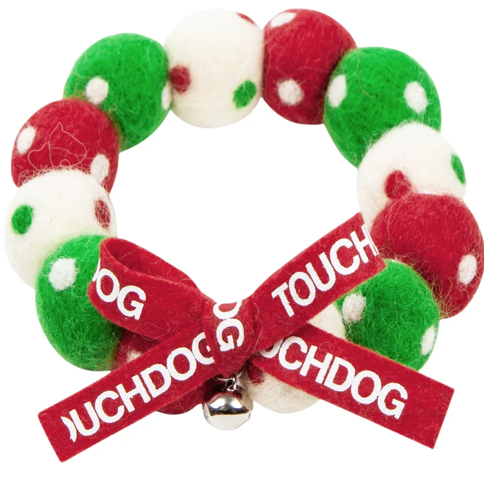 Touchcat ® Pom-Pom Patterned Designer Cat Neck Collar with Chime Bell - Red Green and White