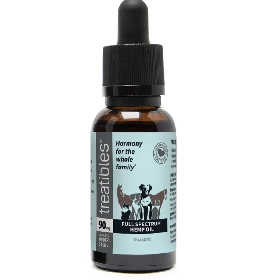 Treatibles Full Spectrum Hemp Oil Dropper Bottle 90mg Dog and Cat Health Supplements - 1 fl oz Dropper