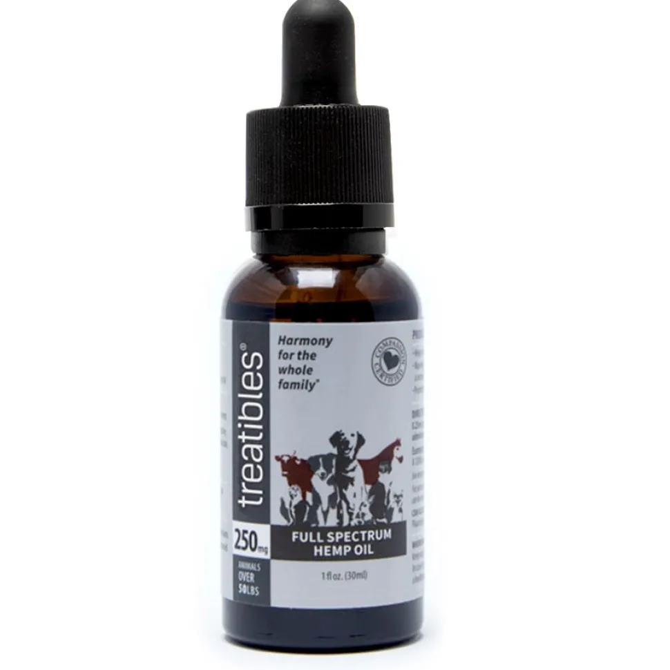 Treatibles Full Spectrum Hemp Oil Dropper Bottle 250mg Dog and Cat Health Supplements - 1 fl oz Dropper